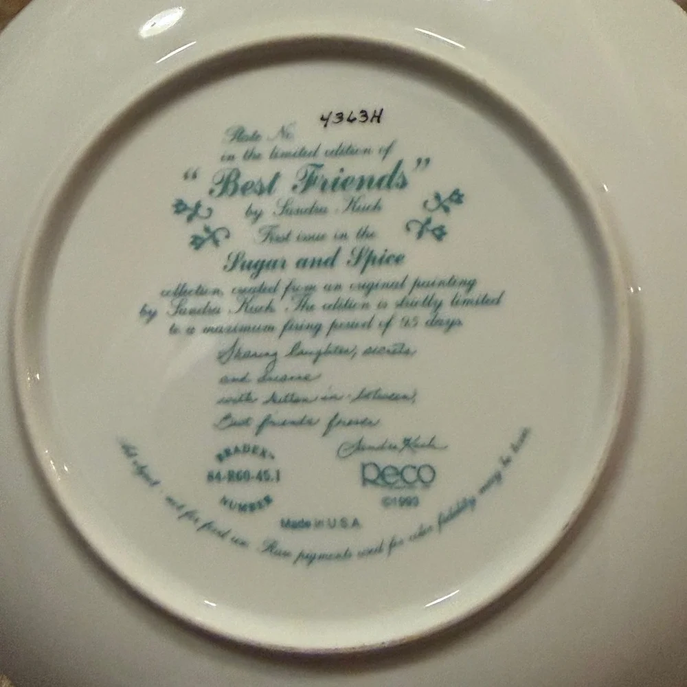 Reco Sandra Kuck Best Friends Plate Sugar and Spice 1993 Limited Edition w Stand